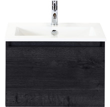 Wastafelonderkast met een wastafel en een kraan.