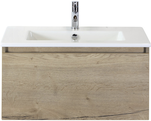 SANOX Badkamermeubelset Frozen met wastafel met één kraangat 81 cm natuur eiken Wastafelcombinatie met houtlook en wastafel