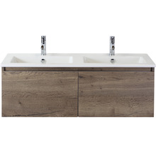Wastafelmeubel met twee wastafels en onderkast in houtlook
