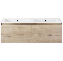 Wastafelonderkast met dubbele wastafel en houtlook