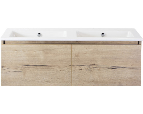 SANOX Badkamermeubelset Frozen met dubbele wastafel 121 cm natuur eiken Wastafelonderkast met dubbele wastafel en houtlook