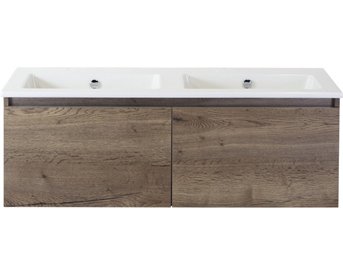 SANOX Badkamermeubelset Frozen met dubbele wastafel 121 cm tabacco Wastafelonderkast met dubbele wasbak en houten decor
