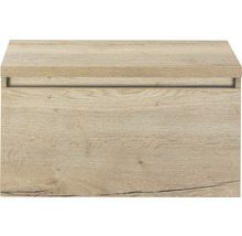 Detailopname van een wastafelonderkast met houten structuur