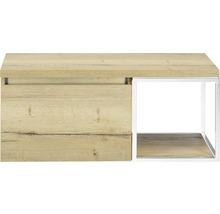Houtkleurig nachtkastje met een lade en een plank
