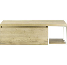 Houten wastafelonderkast met één lade en een open plank