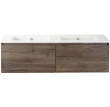 Wastafelonderkast met twee wastafels en houten decor