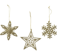 Drie gouden kerstboomhangers in de vorm van sterren en sneeuwvlokken