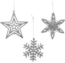 Drie glinsterende kerstboomornamenten in de vorm van een ster en sneeuwvlokken