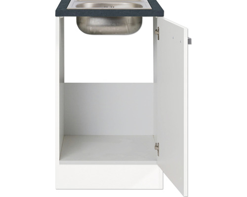 Wastafelonderkast met open deur en roestvrijstalen spoelbak