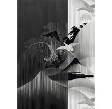 Abstracte weergave van bergen, kraanvogels en watervallen als behangpatroon