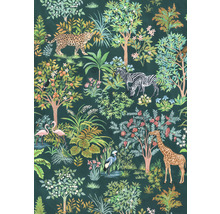 Behang met jungle motief met luipaard, zebra''s, giraf, flamingo''s en planten