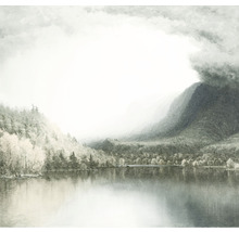 Illustratie van een merengebied met bergen en bomen