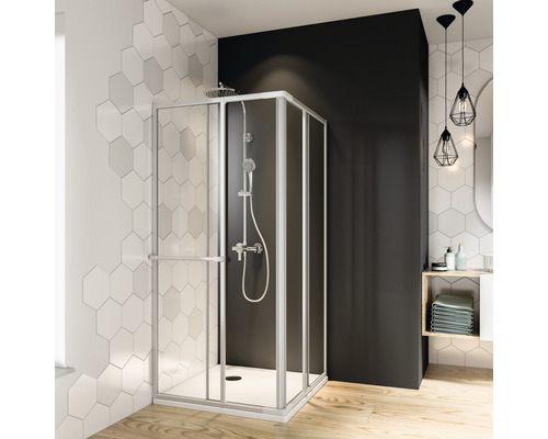 BREUER Douchecabine hoekinstap Fara zilver 90x80 cm helder glas Hoekdouche met douchekop en handdouche in een moderne badkamer.
