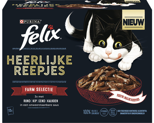 FELIX Kattenvoer heerlijke reepjes farm selectie 12 x 80 gr Felix Heerlijke Reepjes kattenvoer met rund, kip, eend en kalkoen
