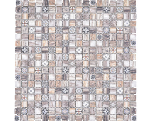 Mozaïektegel glas XCM RW89 bruin 30x30 cm Mozaïektegel met houtlook en bloemmotieven