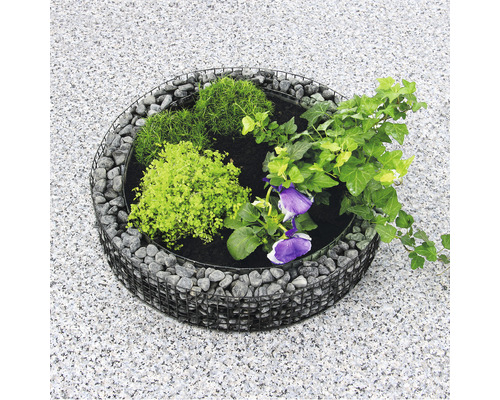 Ronde schanskorf plantenmand met planten en stenen