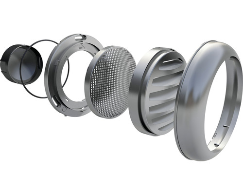 Explosietekening van een rond metalen ventilatierooster.