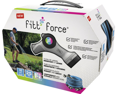 Fitt Force tuinslang verpakking met informatie over lengte, diameter en garantie
