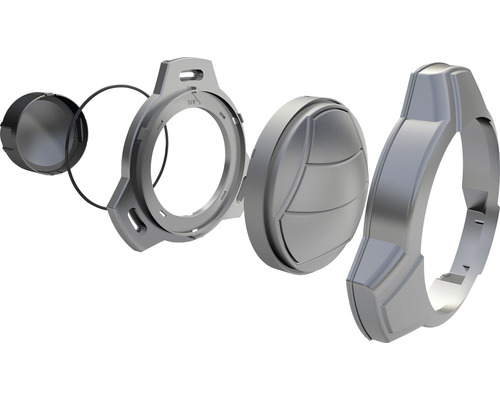 Explosietekening van een ronde, grijze bevestiging voor een apparaat