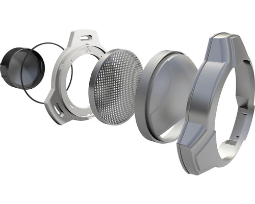 Explosietekening van een rond filtersysteem met zwarte ring, filterhouder en metalen rooster