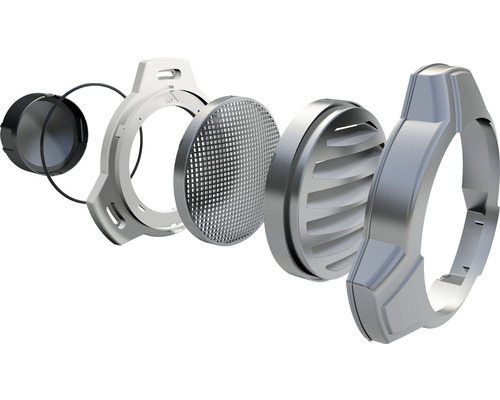 Uit elkaar gehaald ademhalingsfilter met verschillende filterelementen