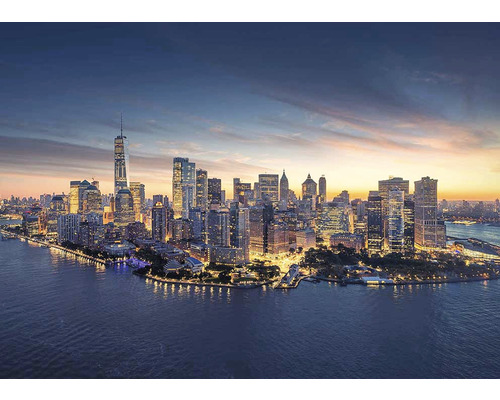 Skyline van New York City in de schemering met wolkenkrabbers en water