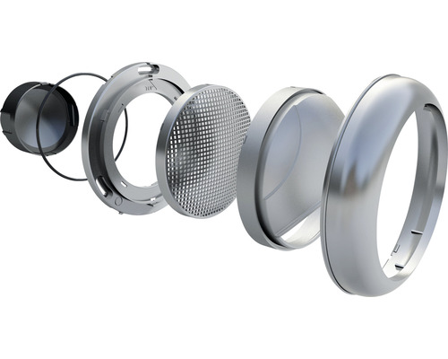 Explosietekening van een ronde, zilverkleurige LED-inbouwspotbehuizing