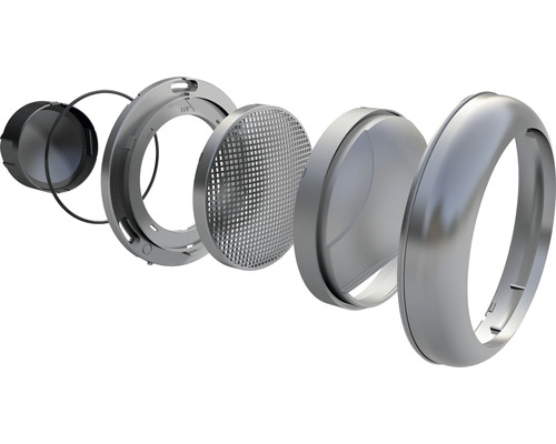 Explosietekening van een LED-buitenstraler, bestaande uit behuizing, afdichting, diffuser en rooster