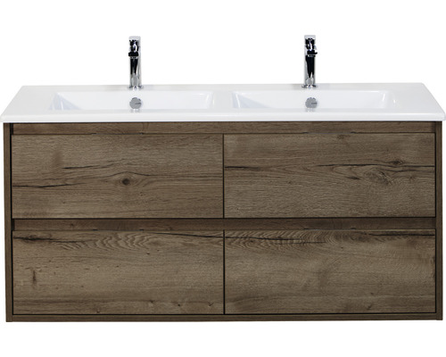 SANOX Badkamermeubelset Porto met dubbele keramische wastafel 121 cm tabacco Wastafelonderkast met dubbele wasbak en houtlook