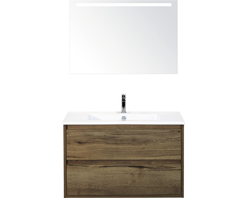 SANOX Badkamermeubelset Porto met LED lichtspiegel en wastafel 91 cm tabacco Wastafelcombinatie met wastafel, onderkast met twee laden en verlichte spiegel