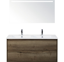Wastafelmeubel met twee wastafels, onderkast en spiegel met verlichting voor de badkamer