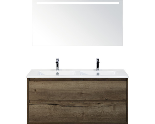 SANOX Badkamermeubelset Porto met LED lichtspiegel en dubbele keramische wastafel 121 cm tabacco SANOX Badkamermeubelset Porto met LED lichtspiegel en dubbele keramische wastafel 121 cm tabacco