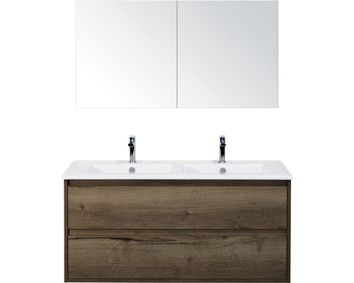 SANOX Badkamermeubelset Porto met spiegelkast en dubbele keramische wastafel 121 cm tabacco SANOX Badkamermeubelset Porto met spiegelkast en dubbele keramische wastafel 121 cm tabacco
