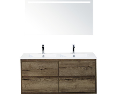 SANOX Badkamermeubelset vier laden Porto met LED lichtspiegel en dubbele keramische wastafel 121 cm tabacco SANOX Badkamermeubelset vier laden Porto met LED lichtspiegel en dubbele keramische wastafel 121 cm tabacco