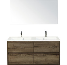 Wastafelmeubel met twee wastafels, spiegel en houtlook
