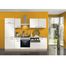 Moderne keuken met inbouwapparatuur en lichte fronten voor een gekleurde muur