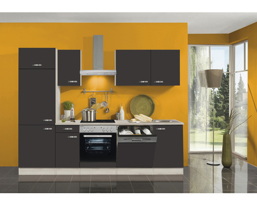 OPTIFIT Keukenblok met apparatuur Faro220 antraciet mat 270x60 cm Volledige keuken met kasten, spoelbak, fornuis, oven en afzuigkap voor gele muur