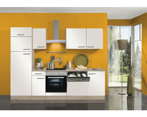 OPTIFIT Keukenblok met apparatuur Dakar286 wit mat 270x60 cm Moderne keuken met witte kasten, afzuigkap en elektrische apparaten voor een gele muur