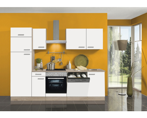 OPTIFIT Keukenblok met apparatuur Zamora214 wit mat 270x60 cm Lichte keuken met witte kasten, spoelbak, fornuis en vaatwasser voor een gekleurde muur.