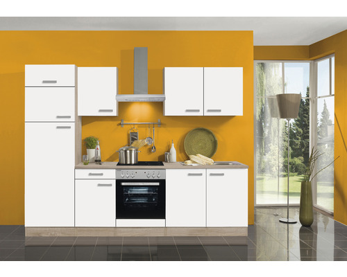 OPTIFIT Keukenblok met apparatuur Zamora214 wit mat 270x60 cm Complete keuken met witte kasten, afzuigkap en elektrisch fornuis.