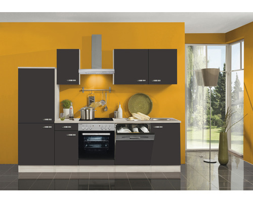 OPTIFIT Keukenblok met apparatuur Faro220 antraciet mat 270x60 cm Complete keuken met bovenkasten, gootsteen, fornuis, oven en vaatwasser voor een gekleurde muur