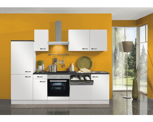 OPTIFIT Keukenblok met apparatuur Lagos286 wit mat 270x60 cm Moderne keuken met witte kasten, spoelbak, fornuis en afzuigkap