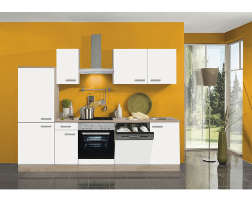 OPTIFIT Keukenblok met apparatuur Zamora214 wit mat 270x60 cm Moderne keuken met witte kasten, gootsteen, fornuis en vaatwasser tegen gele wand