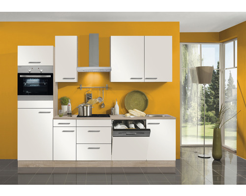 OPTIFIT Keukenblok met apparatuur Dakar286 wit mat 270x60 cm Lichte keuken met inbouwkasten, afzuigkap en apparaten tegen een gele muur