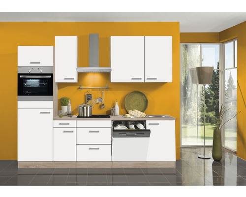 OPTIFIT Keukenblok met apparatuur Zamora214 wit mat 270x60 cm Lichte keuken met inbouwapparatuur en vaatwasser.