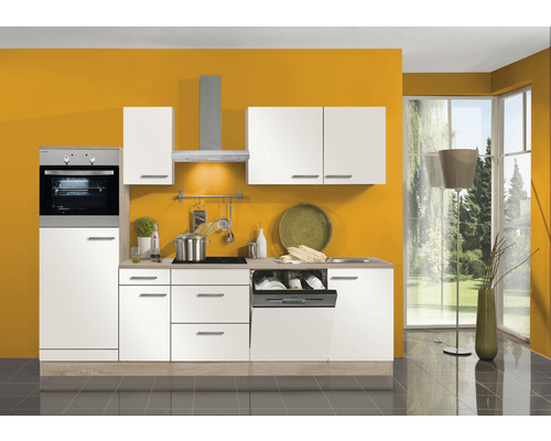 OPTIFIT Keukenblok met apparatuur Dakar286 wit mat 270x60 cm Moderne inbouwkeuken met witte kasten, roestvrijstalen apparaten en lichte werkbladen tegen een okergele wand