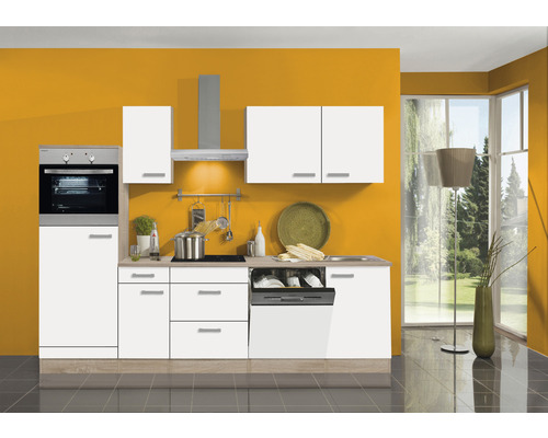 OPTIFIT Keukenblok met apparatuur Zamora214 wit mat 270x60 cm Moderne keuken met inbouwoven, spoelbak, kookplaat, afzuigkap en vaatwasser