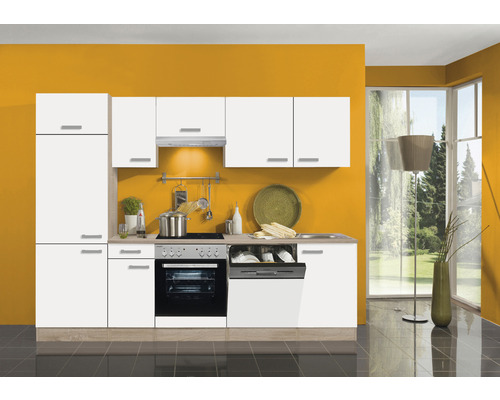 OPTIFIT Keukenblok met apparatuur Zamora214 wit mat 270x60 cm Keuken met spoelbak, kookplaat, oven, vaatwasser en hangkasten voor een gekleurde muur