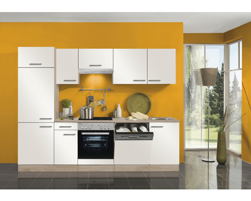 OPTIFIT Keukenblok met apparatuur Dakar286 wit mat 270x60 cm Complete keuken met inbouwapparatuur en witte fronten voor een gele wand