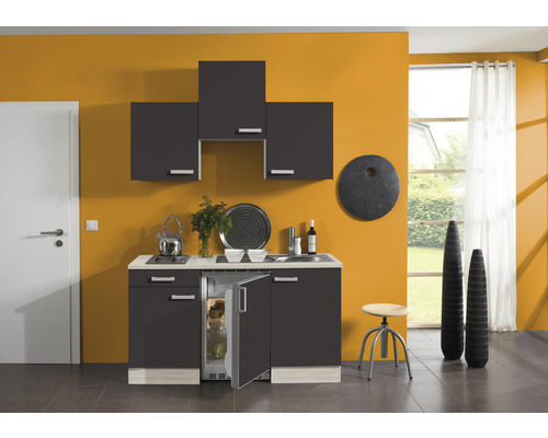 OPTIFIT Minikeuken met apparatuur Faro220 antraciet mat 150x60 cm Compacte kitchenette met hangkasten en geïntegreerde koelkast in modern design